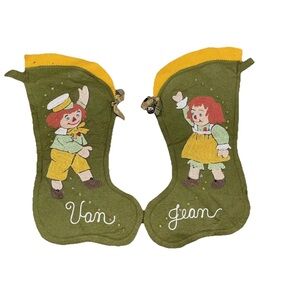 Vintage set of two “Rag doll” Christmas‎ stockings-kitschy-mid century-kitschmas